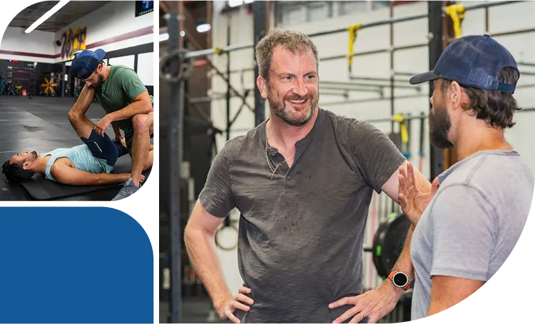 Two images showing Trent providing hands-on mobility training and discussing progress with TWM clients