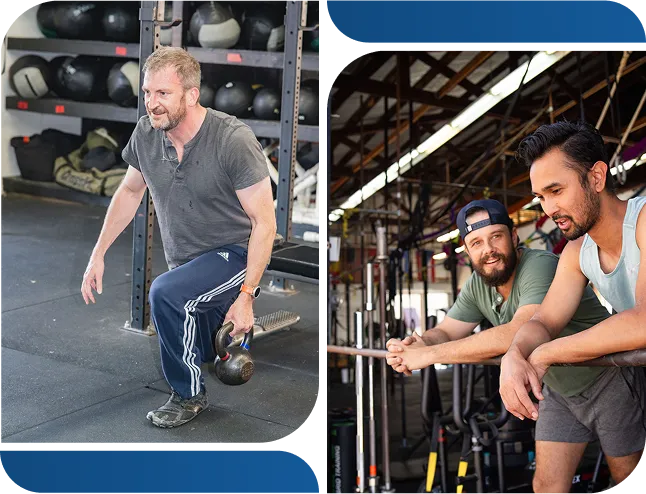 Two images showing TWM clients building consistency through kettlebell training and partner exercises with Trent