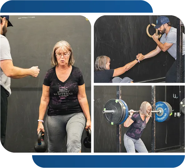 Three images showing TWM client training including seated dumbbell work, overhead movements, and barbell training with Trent's guidance